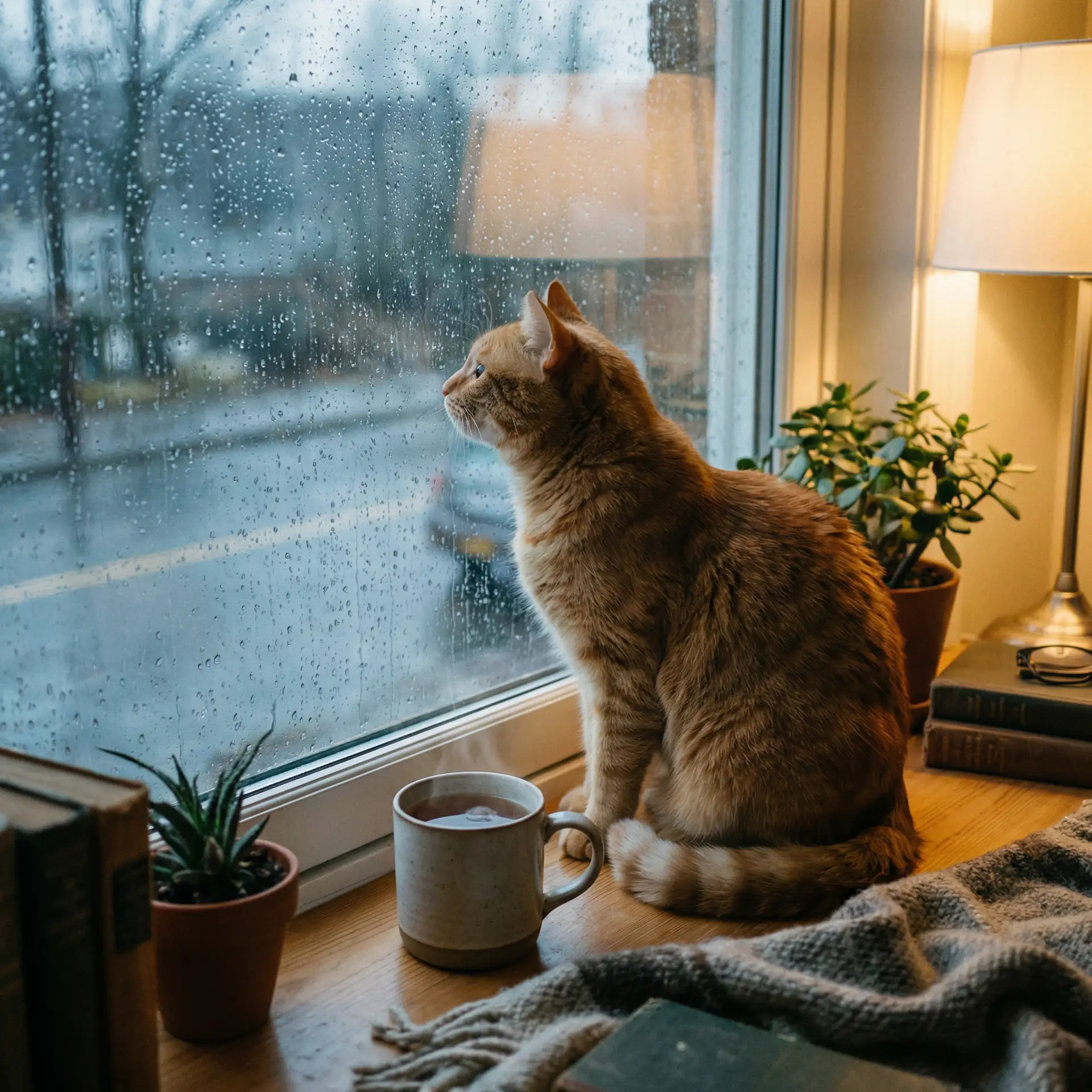 猫咪望着窗外的雨 - 变成黑皮辣完整樱花